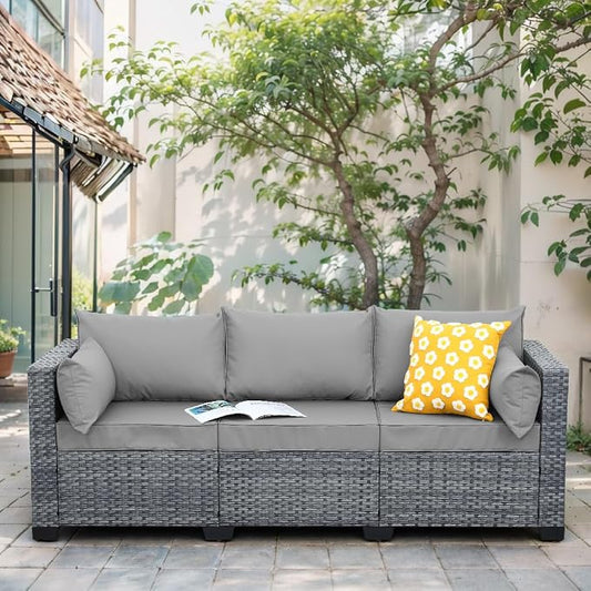 Lviden Wicker Patio Couch Outdoor 3-seat Sofa with All-Weather Rattan Deep Seater Outdoor Couch with Anti-Slip Cushions and Furniture Cover, Light Grey