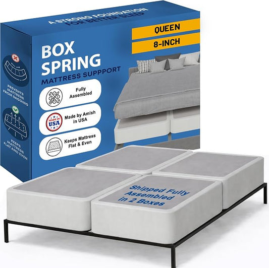 Greaton, Box Spring Bed Base Queen Size, 8-Inch Wood Mattress Foundation – Amish Made in USA – Quiet Noise Free, 4-Pieces Under Mattress-Support BoxSpring, Fully Assembled, White