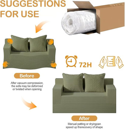 Erament Boneless Loveseat Convertible Sofa Bed, Folding Floor Futon Sleeper Sofa Couch Bed- Boneless Foldable Couch, Corduroy Pull Out Sofa Bed with 2 Pillows for Living Room & Bedroom