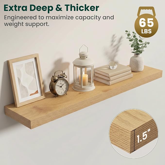 Floating Shelves for Wall 48 in x 9.3 in Deep, Wall Mounted Rustic Wood Shelf with Invisible Brackets for Storage & Display, Living Room Bedroom Bathroom, Oak, 2 Pack