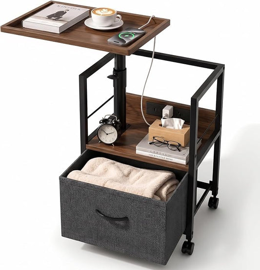 Faesun Swivel Lift Top Nightstand with Charging Station, Rolling Night Stand with Fabric Drawer, Adjustable Bedside Table for Bedroom, Living Room, Walnut Gray, Pro