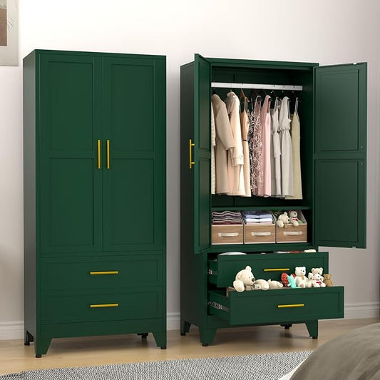 erosoei Metal Armoire Wardrobe Closet, 71 "Metal Clothing Storage Cabinet | with Adjustable Shelves and Hanging Rod, Household Steel Wardrobe Storage Cabinet with Drawers (armoire-green)