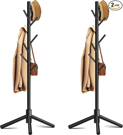 Coat Rack, Coat Racks Freestanding with 8 Hooks 3 Adjustable Heights for Clothes, Hats, Handbags, Coat Tree Easy Assembly for Entryway, Bedroom, Hallway, Office(Black 2PCS)