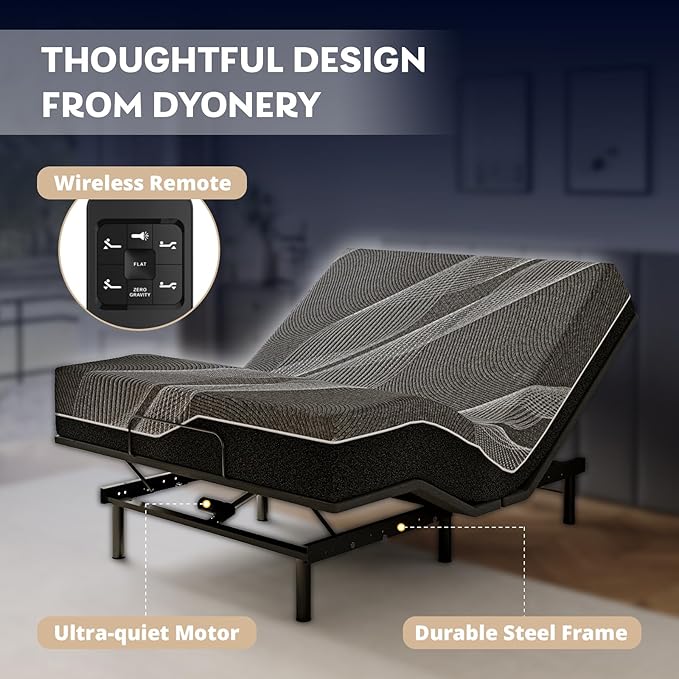 Dyonery Queen Adjustable Bed Base Frame with Wireless Remote + 14 Inch Queen Gel Memory Foam Mattress Bed in a Box, Head and Foot Incline, Zero Gravity, Fiberglass Free, 80" × 60"