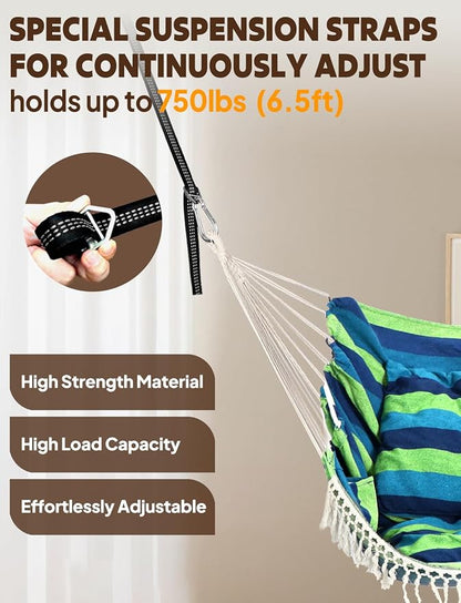 Chihee Hammock Chair Hanging Swing 2 Pillows Included,Strong Webbing Straps and Hooks for Easy Hanging Soft Cotton Hanging Chair Side Pocket Tassel Chair Comfort Indoor Outdoor Blue Green