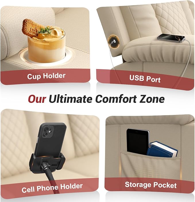 RV Loveseat Recliner Sofa, Reclining Loveseat Wall Hugger Recliners with USB Ports, Cup Holders, Insert Pockets, RV Recliners for Travel Trailers & Living Room, RV Furniture | RV Couch | Beige