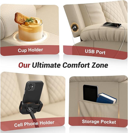 RV Loveseat Recliner Sofa, Reclining Loveseat Wall Hugger Recliners with USB Ports, Cup Holders, Insert Pockets, RV Recliners for Travel Trailers & Living Room, RV Furniture | RV Couch | Beige