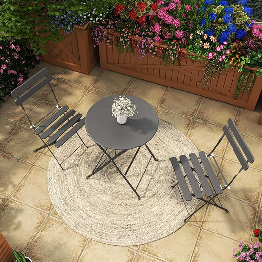 Bistro Table Set, 3 Piece Grey Folding Patio Furniture Set with 2 Chairs and Coffee Table Outdoor Indoor Balcony Seating for Garden Yard Patio Porch