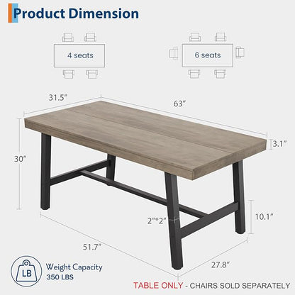 GarveeHome Industrial Dining Table for 4-6 People, 63" Long Large Kitchen Table with Sturdy Metal Frame, Rectangular Counter for Dinner, Kitchen, Dining Room (Grey, 63" Non-extendable)