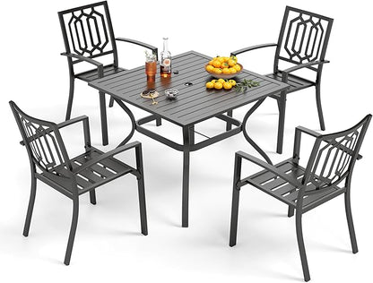 PHI VILLA 5 Pieces Outdoor Dining Set for 4, 37” Black Square Wrought Iron Table with Umbrella Hole & Stackable Chairs, Outside Metal Furniture for Patio, Deck, Yard, Porch