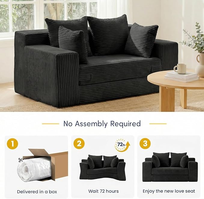 cidludto Boneless Couch Loveseat Sleeper, Convertible Sofa Bed Folding Couch Bed Foldable, 2 in 1 Boneless Chair Bed & Futon Sofa Bed, Small Pull Out Sofa with 4 Pillows for Living Room, Black