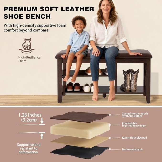 PY HOME & SPORTS Shoe Rack for Entryway 39.4": 2-Tier Shoe Storage Bench, Adjustable/Removable Shelves, Rubberwood Shoe Benches for Hallway, Porch, Bathroom, Brown