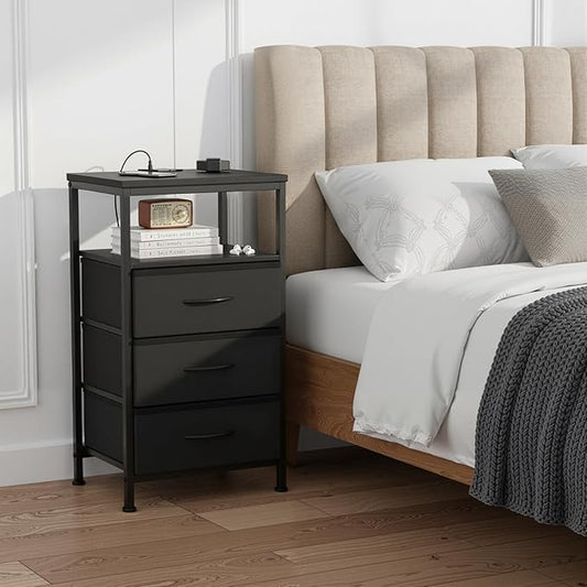 Sweetcrispy Nightstand with Charging Station, Bedside End Table with 3 Fabric Drawers, USB & Type-C Ports with AC Outlets, Adjustable Feet & Dimmable LED Light Strip, Modern Bedroom Furniture, Black