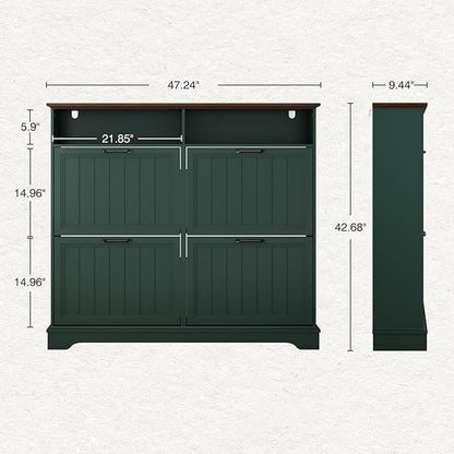 Shoe Storage Cabinet with 4 Flip Drawers, 47" W Farmhouse Modern Hidden Shoes Rack Cabinet with Adjustable Shelves & Open Storage, Narrow Slim Shoe Organizer for Front Door Entrance, Entryway, Green