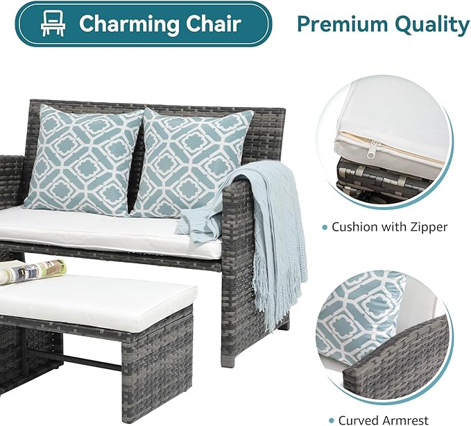 OC Orange-Casual Patio Furniture Set,3 Pieces Outdoor Wicker Conversation Loveseat with Ottomans for Porch, Gray Rattan White Cushions