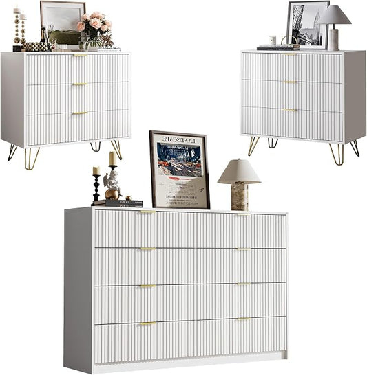 MAISONARIA 3-Piece Dresser Bedroom Set, 8 Drawer Dresser & 3 Drawer Nightstands with Gold Handles, Fluted Wood Chest of Drawers for Bedroom, Living Room, Entryway, White