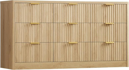 TEENFON 63" Dresser for Bedroom with 9 Drawers, Modern Dressers & Chest of Drawers with Metal Handles, Fluted Dresser, Wood Closet Clothes Storage Organizer for Living Room, Hallway, Natural