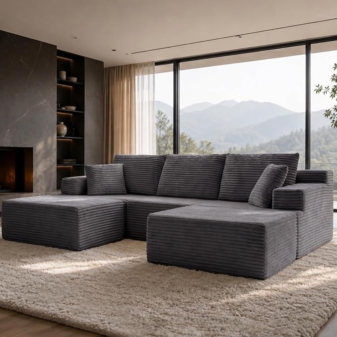 103" Modular Sectional Sofa, Comfort U Shaped Boneless Couch for Living Room, Extra Deep Seats No Assembly, Corduroy (Grey, 3 Seater + 2 Ottomans