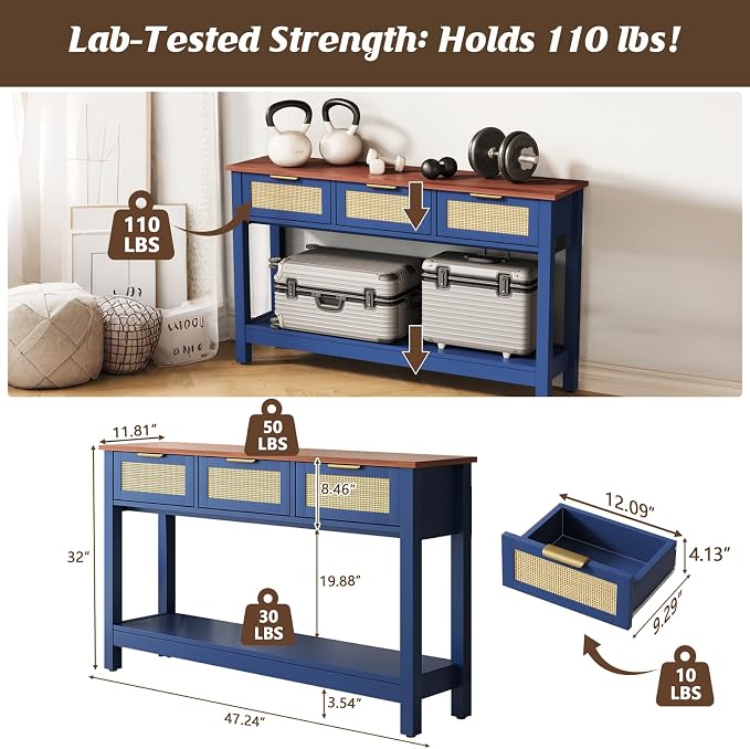 Luoxiao 47" Blue Entryway Table with 3 Rattan Drawers & Open Shelf Storage | Narrow Console Sofa Tables for Living Room, Entry Table for Hallway, Foyer, Couch, Easy Assembly, Anti-tip Kit, Space Saving