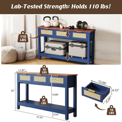 Luoxiao 47" Blue Entryway Table with 3 Rattan Drawers & Open Shelf Storage | Narrow Console Sofa Tables for Living Room, Entry Table for Hallway, Foyer, Couch, Easy Assembly, Anti-tip Kit, Space Saving