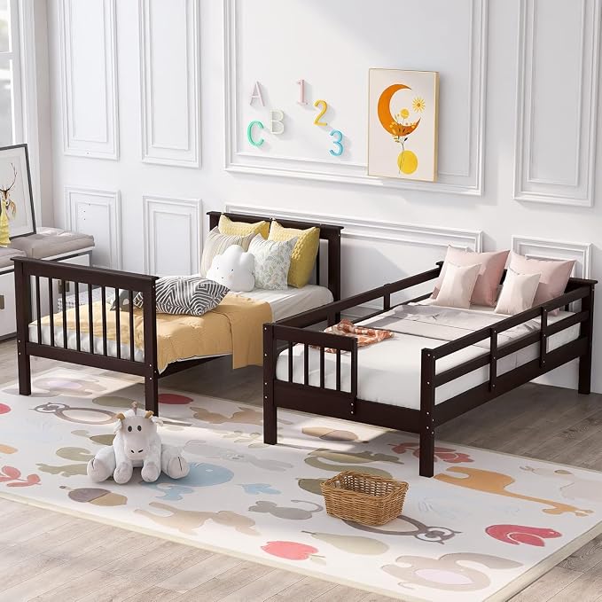 MERITLINE Twin Over Twin Bunk Bed with Storage Staircase, Solid Wood Stairway Convertible Bunk Bed with Stairs (Twin Over Twin,Espresso)