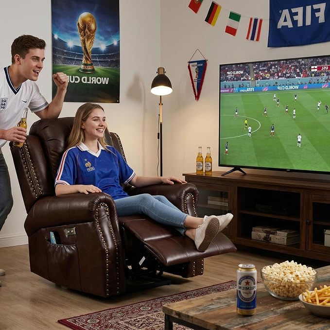 HAOMARKETS Classic Power Recliner Chair Set of 2 with Massage and Heat, Breathable Faux Leather Electric Recliner with USB Port, Overstuffed Reclining Sofa with Rivets for Living Room, Caramel Brown