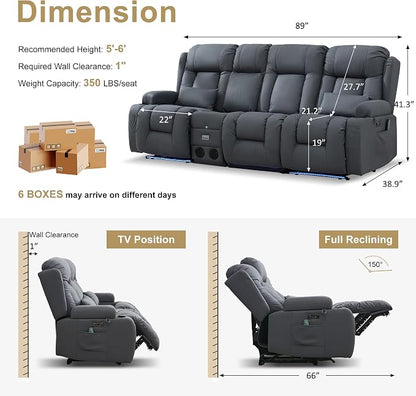 URRED Power Loveseat Recliner Sofa with Massage and Heat, Wall Hugger Reclining Loveseat with Console, RV Couch Home Theater Seating with LED Lights for Living Room (Blue Grey, 89.8" - 3 Seats)