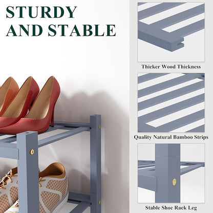 Smiry Small Bamboo Shoe Rack, 4 Tier Free Standing Wooden Shoe Organizer, Stackable Wood Shoe Storage Shelf for Closet, Entryway, 12 Vertical Slats, 2+2 Stack Standard Legs, 17.3"x11"x26", Grey