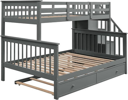 MERITLINE Twin Over Full Bunk Bed with Trundle, Storage Staircase,Solid Wood Bunk Bed with Stairs Box and Guardrail, No Spring Box Needed (Grey &Trundle,Twin Over Full)