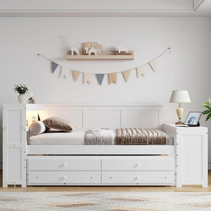 Bellemave Full Corner Bed Frame, Full Size Captain beds with Storage Cabinets and Desk, Wood Daybed with Bookcase Trundle and Drawers, White