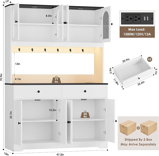 HIFIT 71" LED Kitchen Pantry Cabinet with Power Outlet, Large Kitchen Hutch Cabinet with 2 Storage Drawers & Arched Door, Countertop & Hooks, Tall China Bar for Dining Living Room (White + Black)