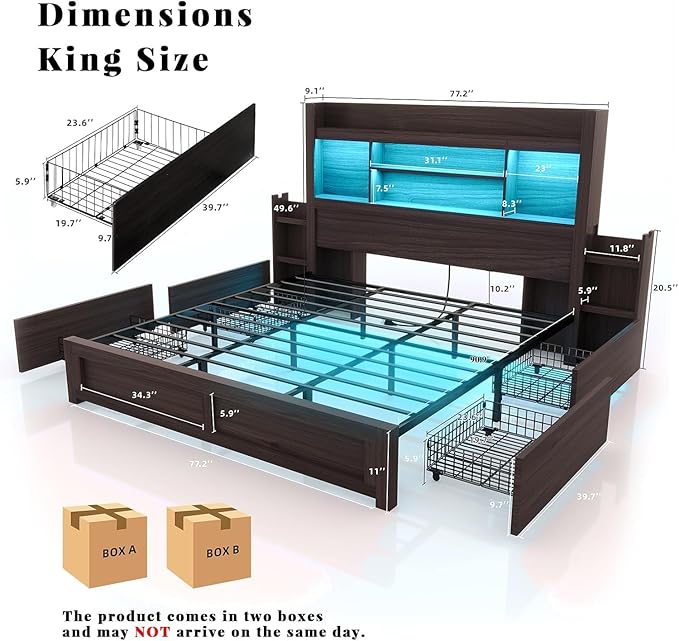 LUXOAK King Bed Frame with 49.6" Bookcase Headboard & 2 Bedside Stoage Racks & 4 Drawers, Farmhouse Wood Bed Frame with RGB LED & Charging Station, No Box Spring Needed, Black