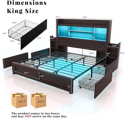 LUXOAK King Bed Frame with 49.6" Bookcase Headboard & 2 Bedside Stoage Racks & 4 Drawers, Farmhouse Wood Bed Frame with RGB LED & Charging Station, No Box Spring Needed, Black