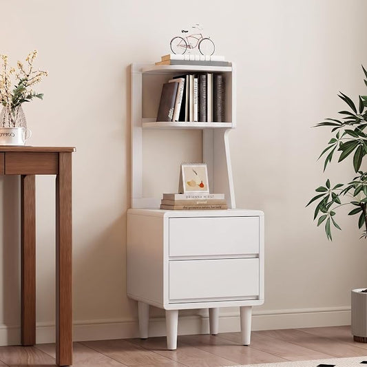 Solid Wood Bookshelf with Drawers,Narrow bookcase with Storage Shelves,Tall Nightstand with Drawers,Mid Century Modern Nightstand,Open Shelf Bookcase,Small Book Shelf for Bedroom,Living Room,Offices