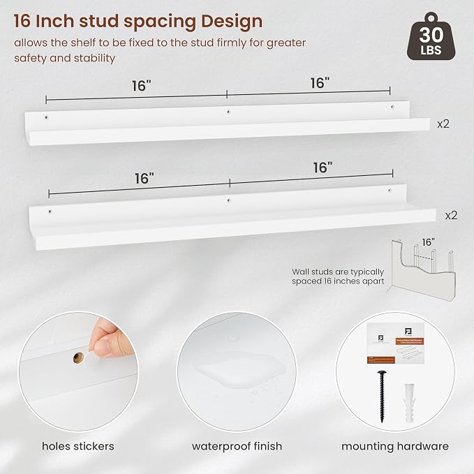 Axeman 30 Inch White Floating Shelves | Picture Ledge Shelf Set of 4 | Rustic Wood Wall Shelves with Lip | 30" White Picture Shelf for Wall with Ledge | Photo Shelves
