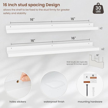 Axeman 30 Inch White Floating Shelves | Picture Ledge Shelf Set of 4 | Rustic Wood Wall Shelves with Lip | 30" White Picture Shelf for Wall with Ledge | Photo Shelves