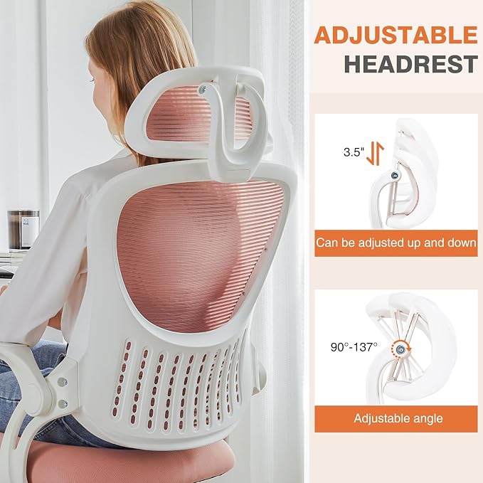 Sweetcrispy Office Computer Desk Chair, Ergonomic High-Back Mesh Rolling Work Chairs with Wheels and Adjustable Headrests, Comfortable Lumbar Support, Comfy Flip-up Arms for Home, Bedroom, Study, Pink