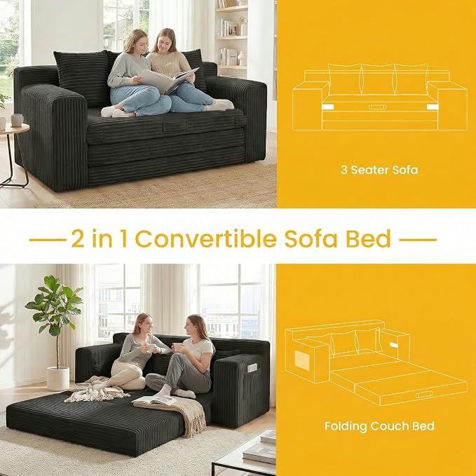 Boneless Couch,3 Seater Boneless Couch Bed – 3-in-1 Convertible Sleeper Sofa with Side Pockets & Handle,Pull Out Corduroy Futon for Small Space,Living Room & Bedroom,3 Pillows Included,No Assembly