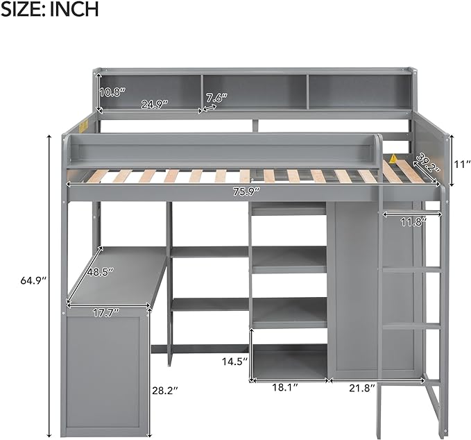 Ball & Cast Twin Size Loft Bed with Stair & Safety Guardrail,Wood Bedframe with Storage Drawer,2 Wardrobes & Mirror,Space Saving,No Box Spring Needed,Versatile Bedroom Furniture for Boys Girls,Gray