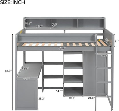Ball & Cast Twin Size Loft Bed with Stair & Safety Guardrail,Wood Bedframe with Storage Drawer,2 Wardrobes & Mirror,Space Saving,No Box Spring Needed,Versatile Bedroom Furniture for Boys Girls,Gray