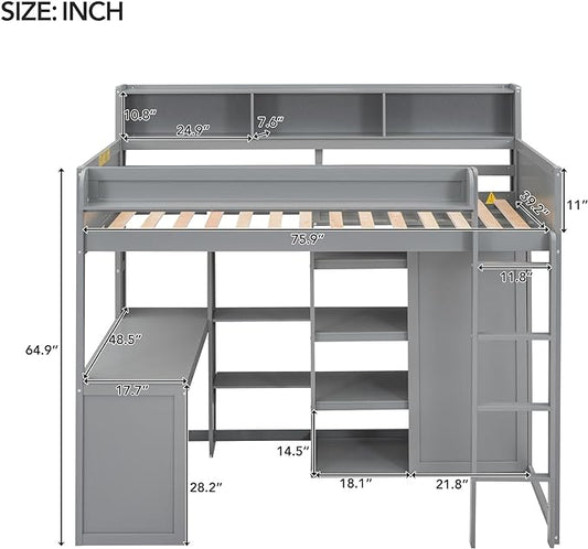 Ball & Cast Twin Size Loft Bed with Stair & Safety Guardrail,Wood Bedframe with Storage Drawer,2 Wardrobes & Mirror,Space Saving,No Box Spring Needed,Versatile Bedroom Furniture for Boys Girls,Gray