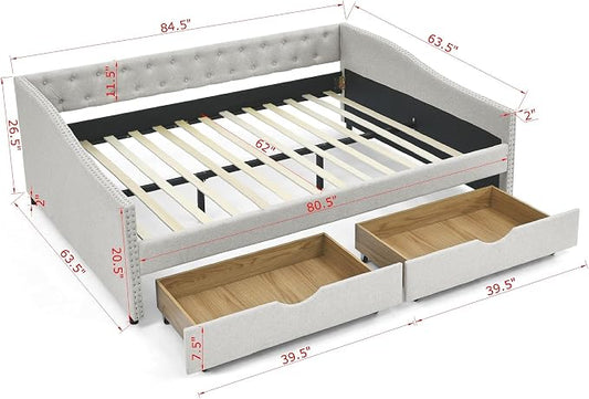 KEIKI Queen Size Upholstery Daybed with 2 Drawers and Headboard, Mid-Century Style Tufted Sofa Bed with Button on Back, Easy Assembly, No Box Spring Required, for Living Room and Bedroom, Beige