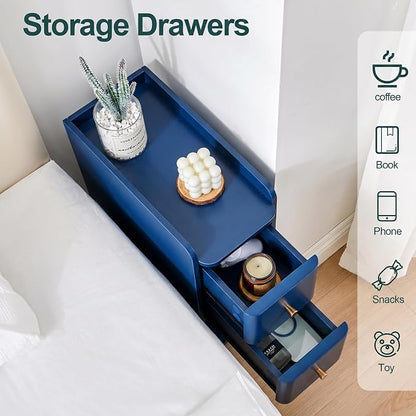 Blue Narrow Nightstand, Wooden Small 2 Drawer Nightstand, Slim Side End Table, Skinny Bedside Table, Mid Century Modern Night Stand with Drawers, for Living Room (Blue-1 pc)