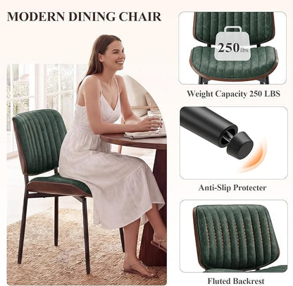 MALOL Leather Dining Chairs Set of 4, Modern Upholstered Dining Room Kitchen Chairs with Metal Legs and Wooden Back Support for Home Dining Room/Restaurant, Green