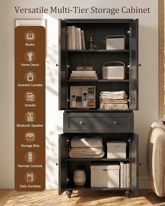 80" Tall Kitchen Pantry Cabinet, Farmhouse Storage Cabinets | Louvered Doors and Adjustable Shelves, Freestanding Storage, Dining Room, Living Room, Home Office, Bathroom, Black
