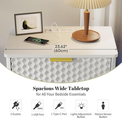 LVSOMT Smart Nightstand with Charging Station and LED Lights, 23.62" Wide Night Stand with 2 Drawers, Motion Sensor Motion-Activated Underlight, Honeycomb Bedside Table for Bedroom, White