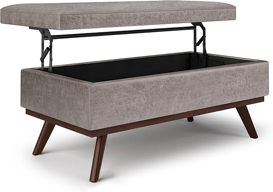 SIMPLIHOME Owen Lift Top Coffee Table Storage Ottoman - 42 inch Wide Upholstered Vegan Leather Rectangular Lift-Top Ottoman in Distressed Grey Taupe, Mid-Century Modern Ottoman for Living Room