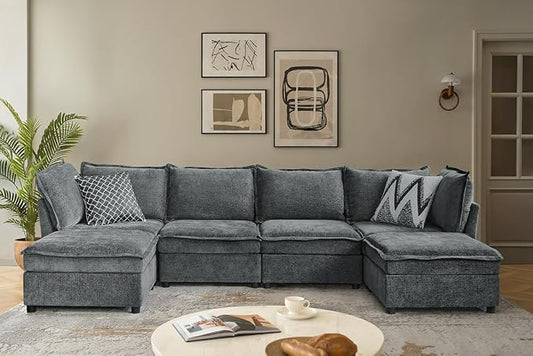 HULALA HOME 127'' Modular Sectional Sofa, Oversized U Shaped Couch with Storage Ottoman, Comfy Chenille Sofa with Deep Seat, 6 Seat Convertible Couches for Living Room, Grey