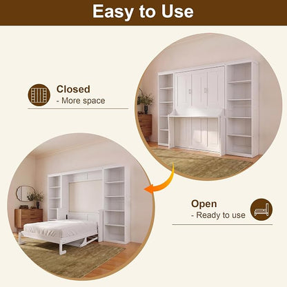 Olela Murphy Bed Full Size with Desk & Storage, Vertical Murphy Wall Bed Cabinet Desk & Bookcase Storage Combo, Space Saving Hideaway Beds for Home Office Guest Room, White