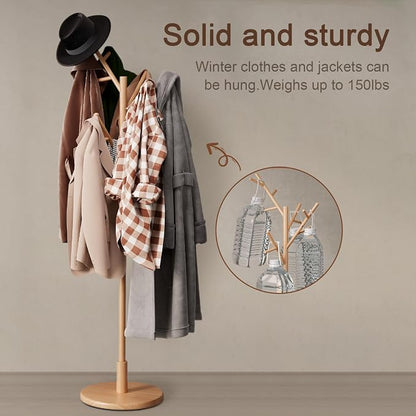 Muwuele Coat Rack,Solid Wood Coat Rack Freestanding with 12 Hooks,Coat tree freestanding 3 Adjustable Heights for coat, Hats, Handbags，Coat Stand for Entryway,Bedroom (Natural)
